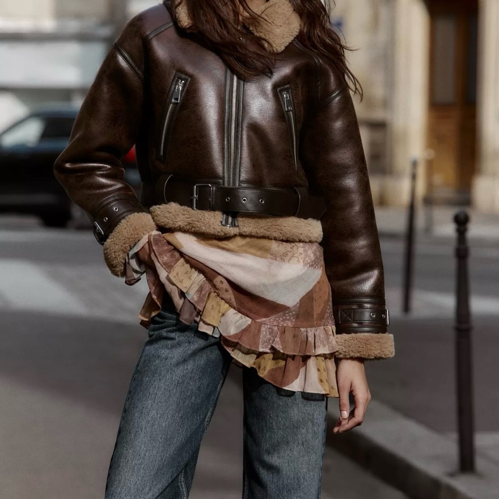 Zara Dark Brown Shearling Leather Jacket